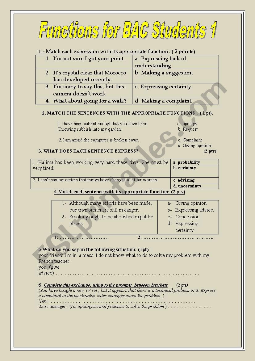 functions for BAC students 1 worksheet