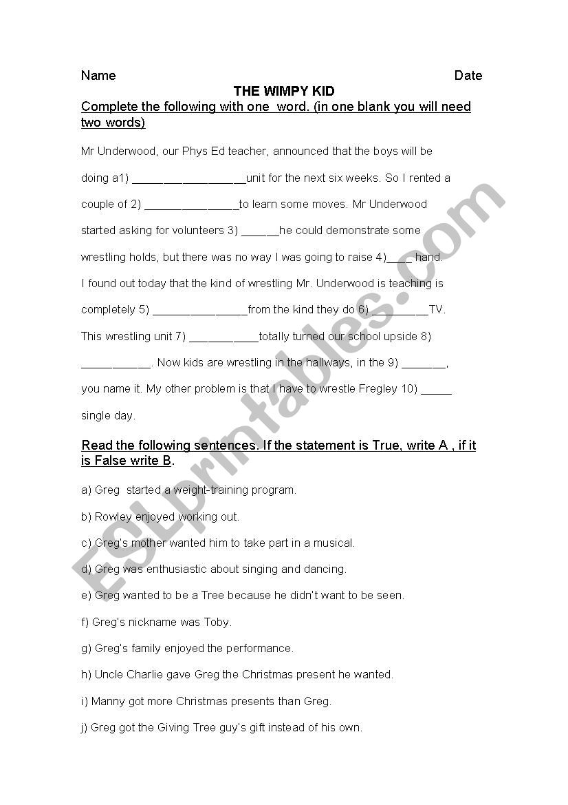 The Wimpy Kid worksheet