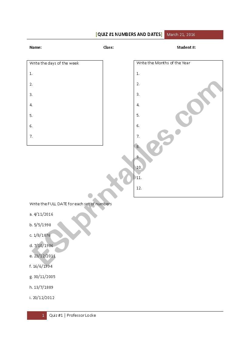 Numbers and Dates Quiz worksheet