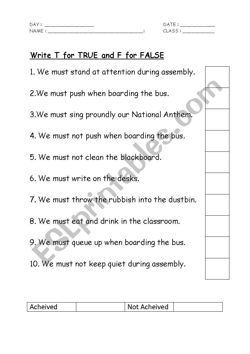 Must or must not worksheet