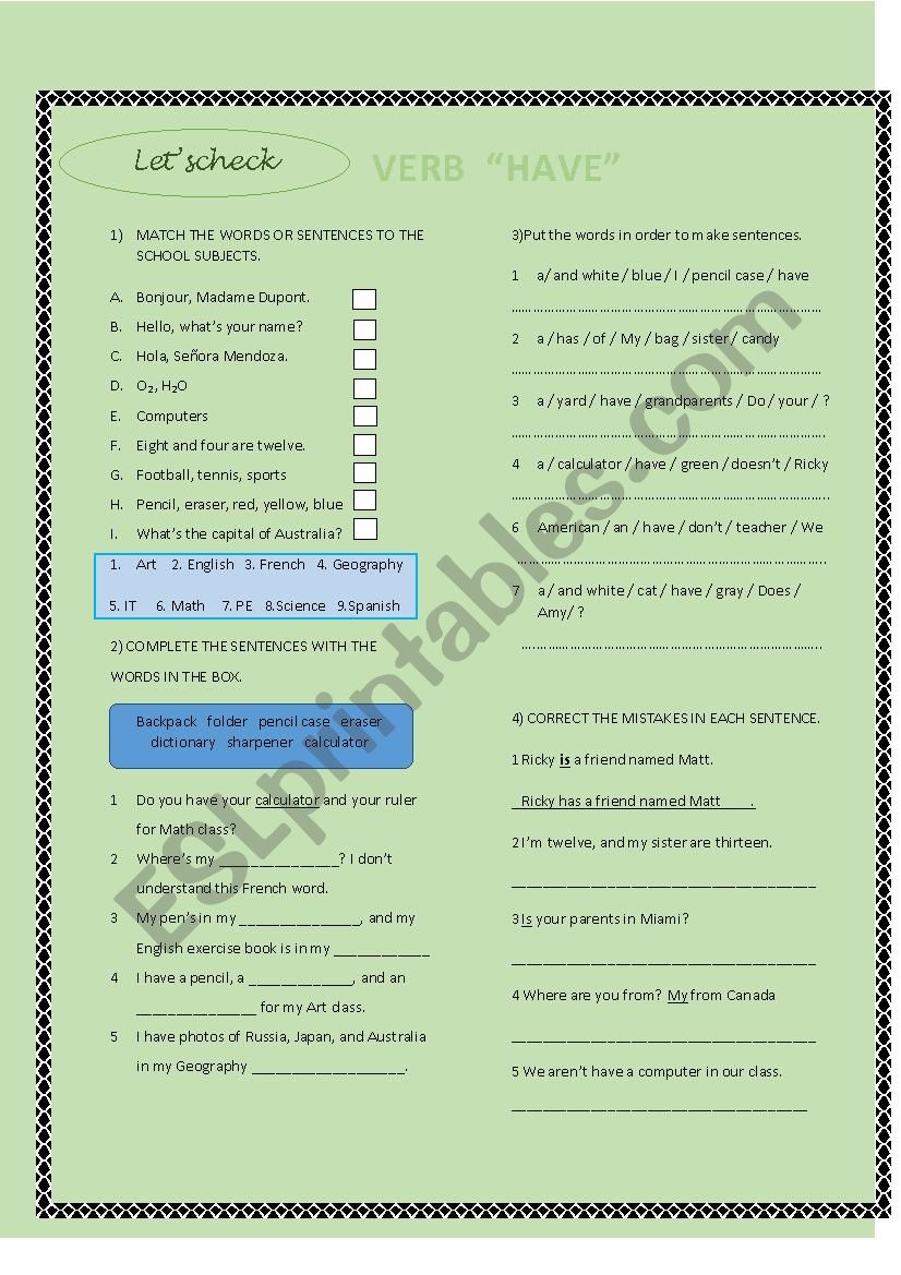 VERB HAVE AND SCHOOL SUBJECTS worksheet