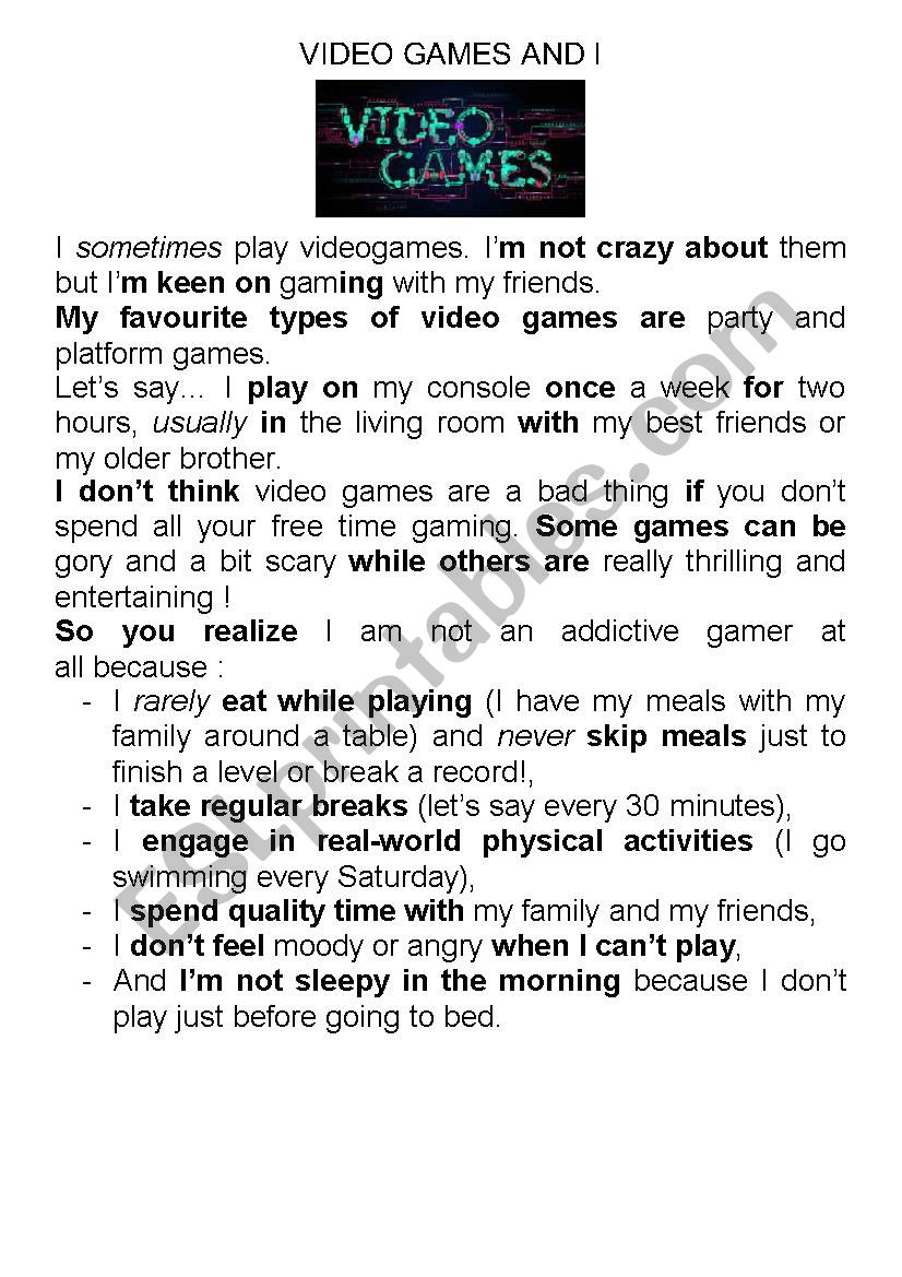 Videogames and I worksheet