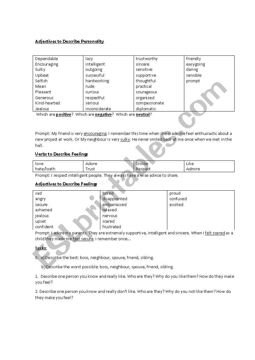 Personality, feelings worksheet