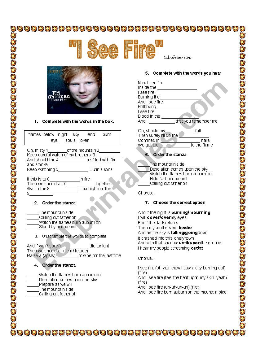 I See Fire (Ed Sheeran) worksheet