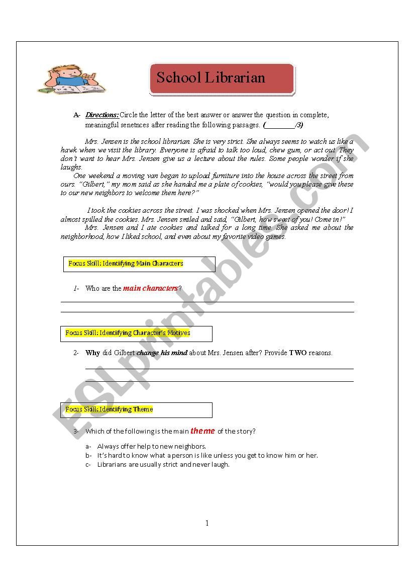 the school librarian test worksheet