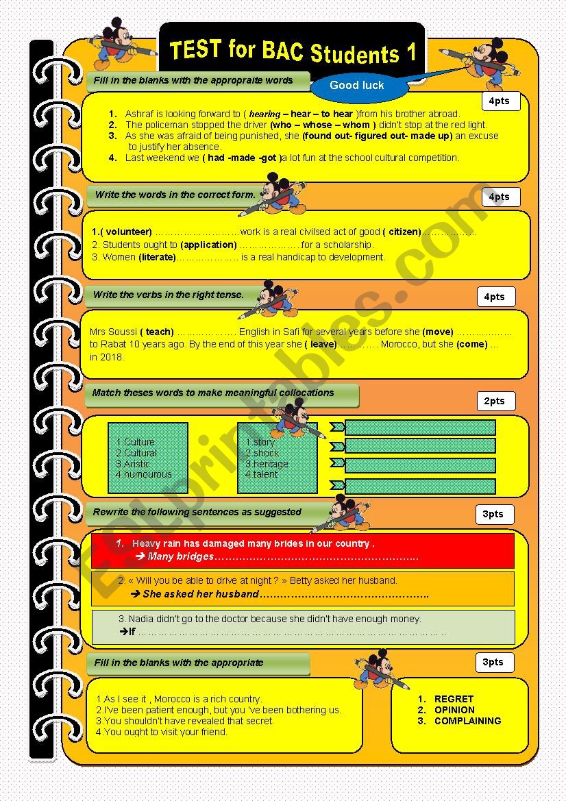 test for BAC students 1 worksheet