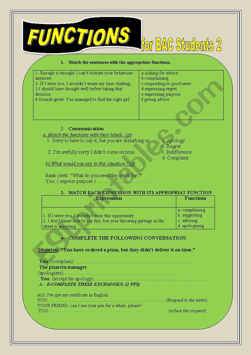 functions for BAC students 2 worksheet