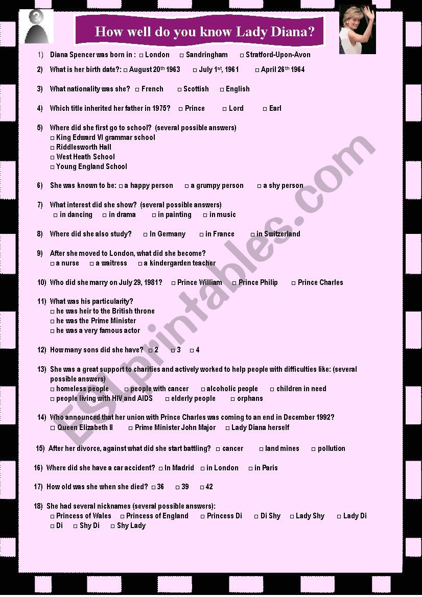 How well do you know Diana? worksheet