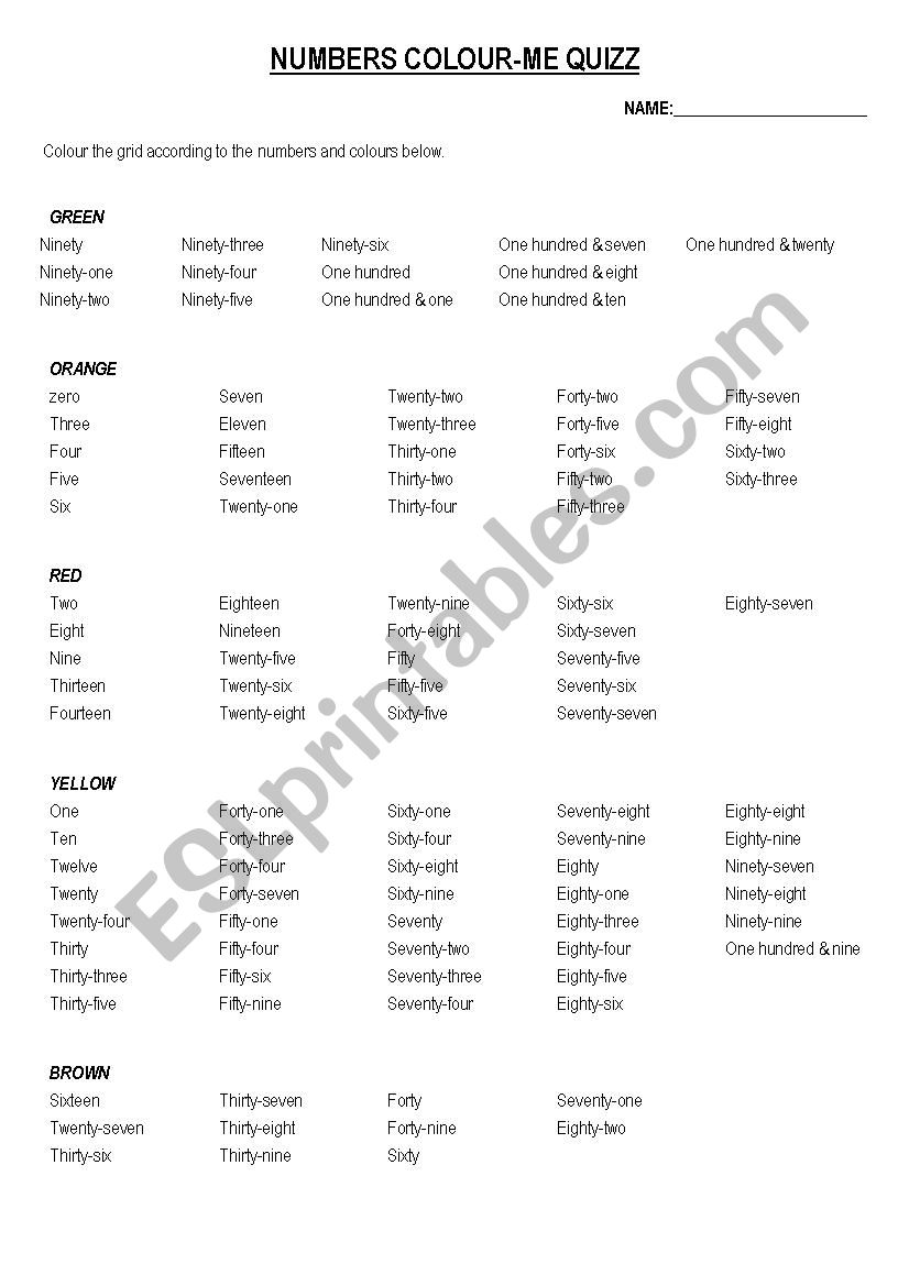 Easter written numbers (0-120) and colours worksheet