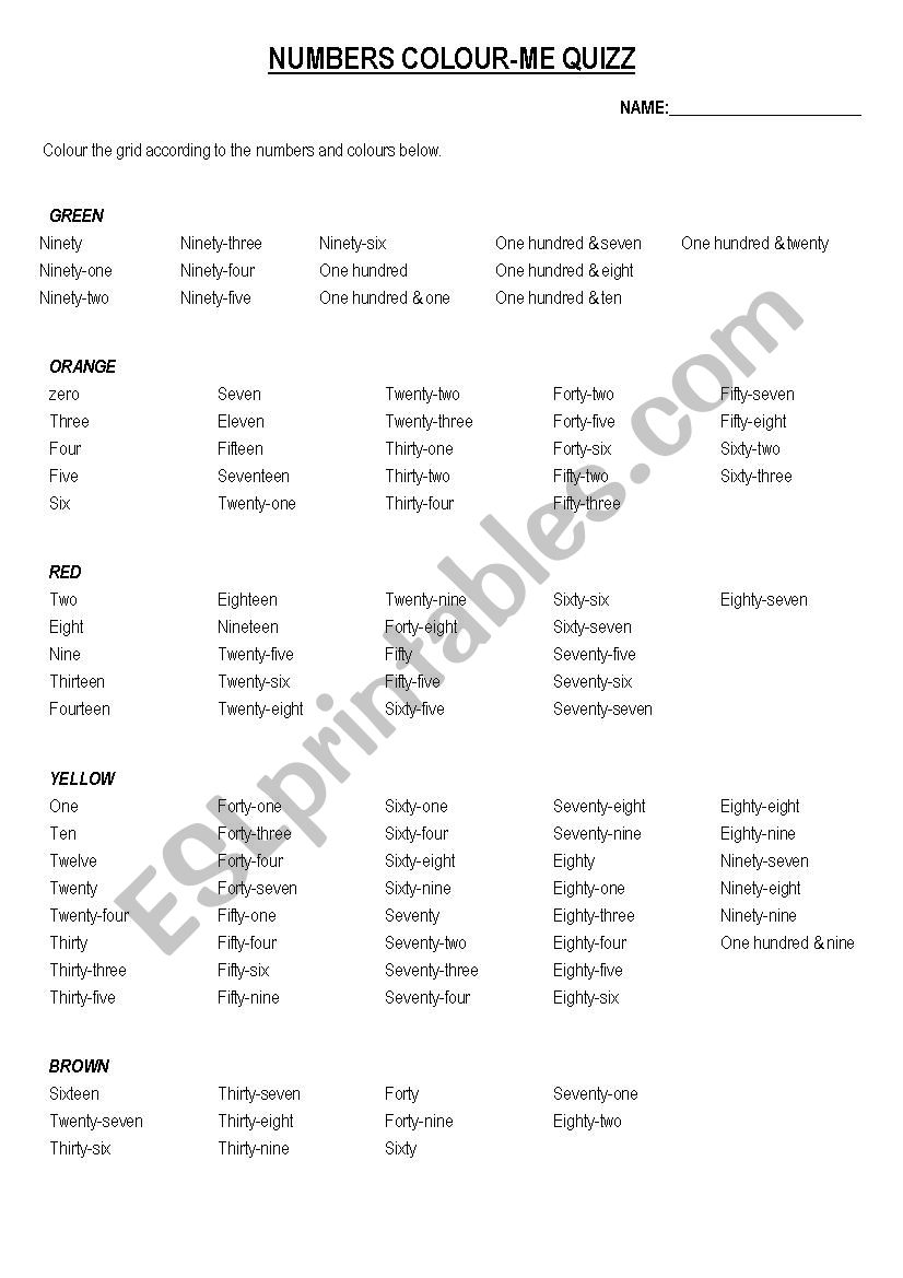 Easter written numbers (0-120) and colours worksheet