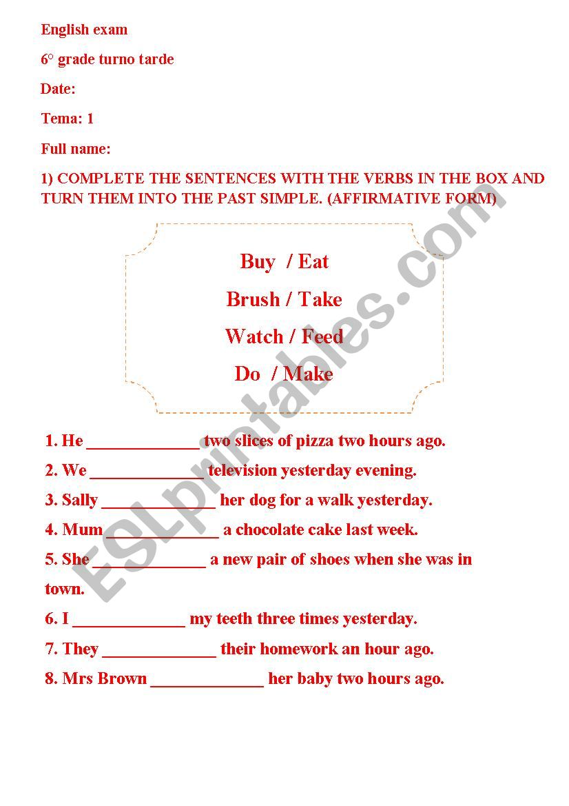 past simple exam worksheet