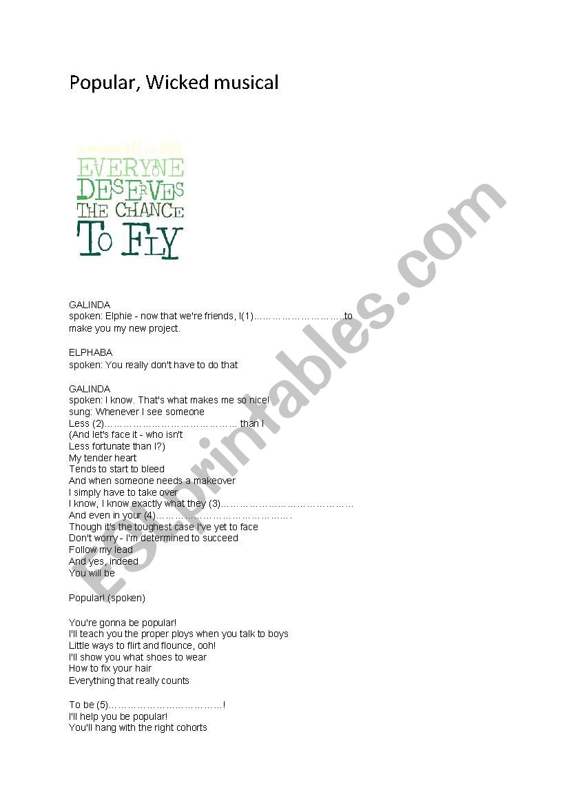 Popular song Worksheet, Wicked 