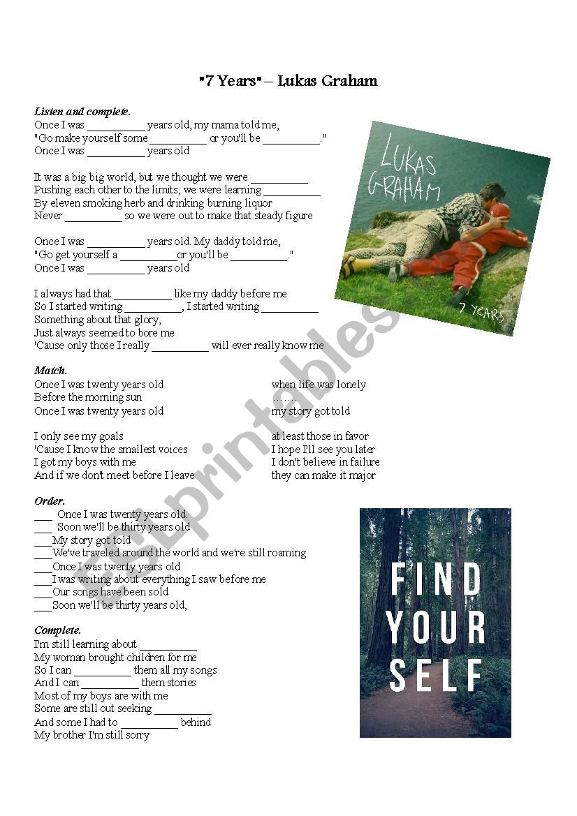 7 Years by Lukas Graham SONG worksheet