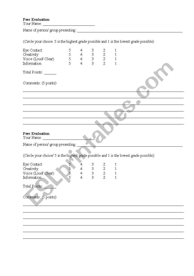peer evaluations worksheet