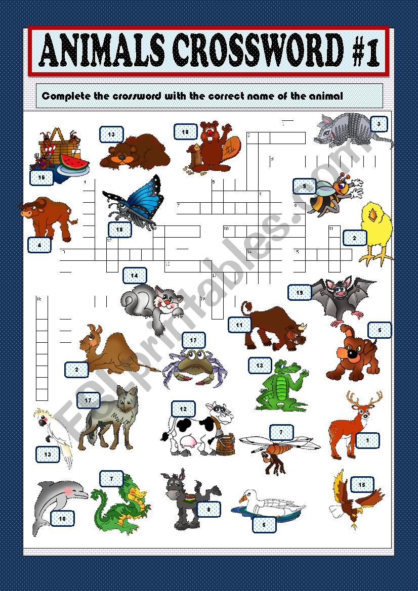 Animals crossword part 1 worksheet