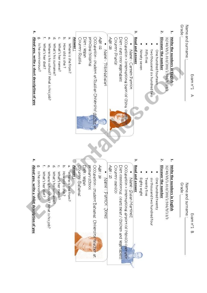 exam for his / her questions and numbers