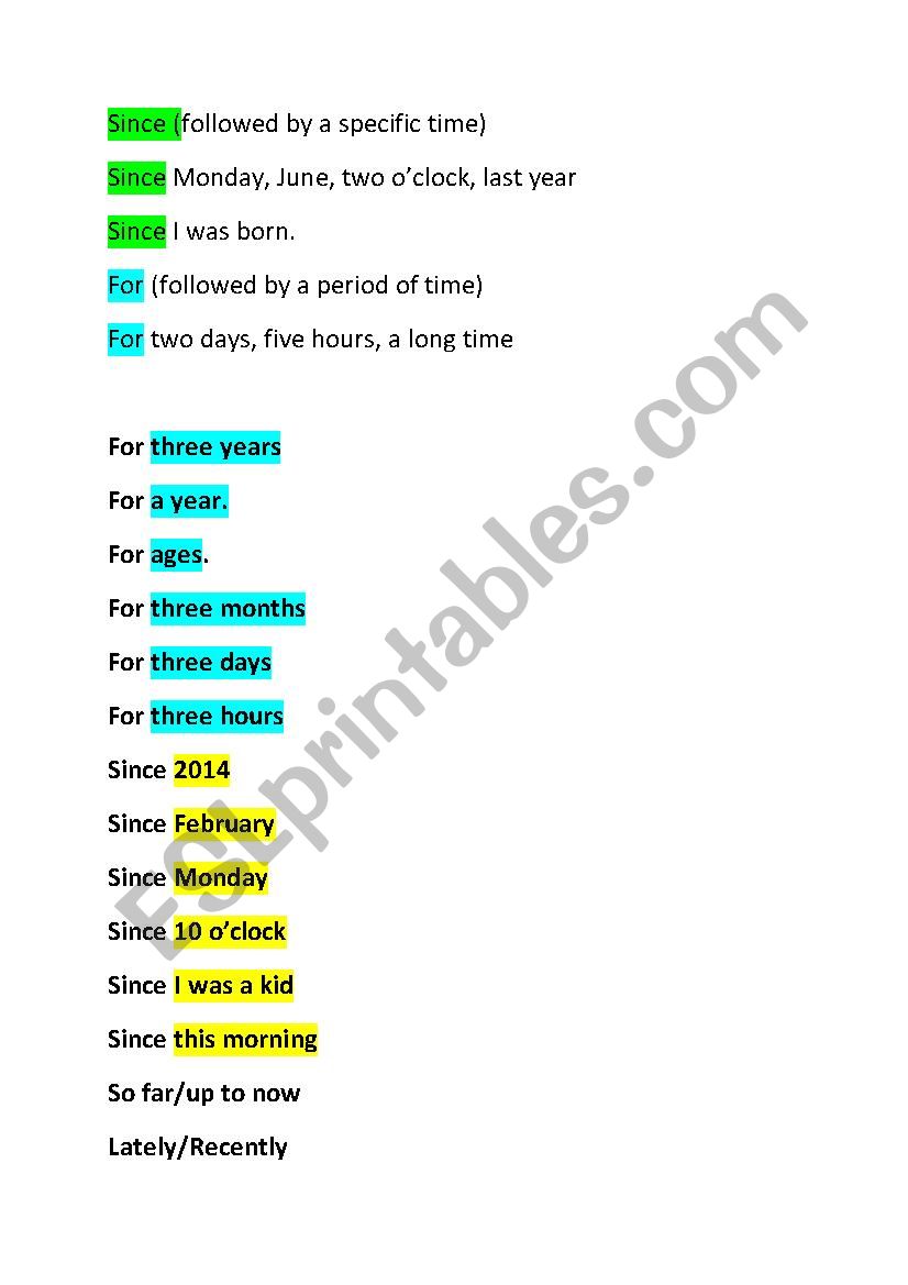 present perfect tense for and since
