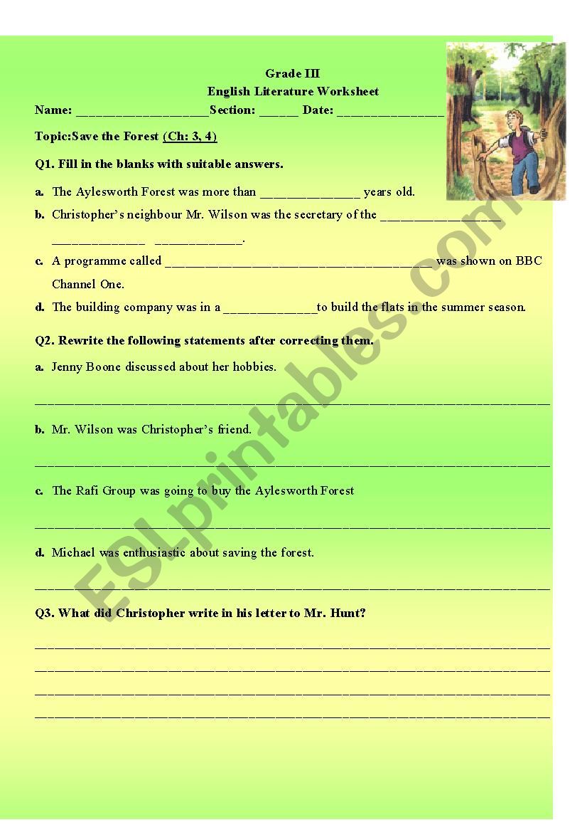 Worksheet on Save the Forest (Novel by HQ. Mitchell)