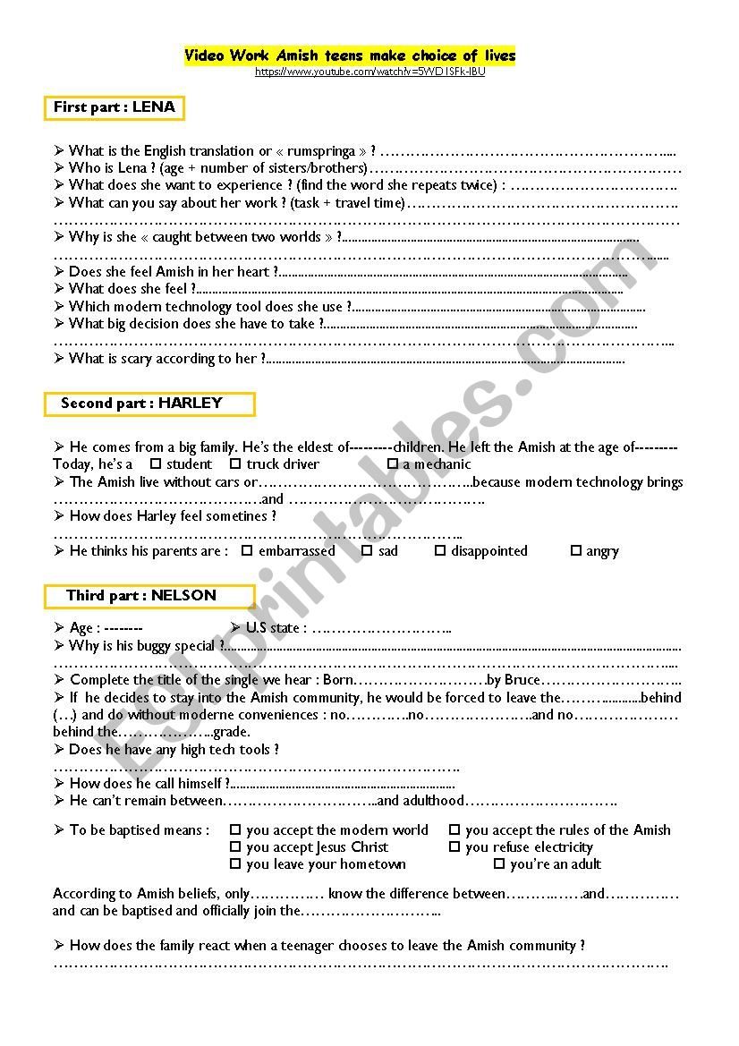 The Amish: Rumspringa worksheet