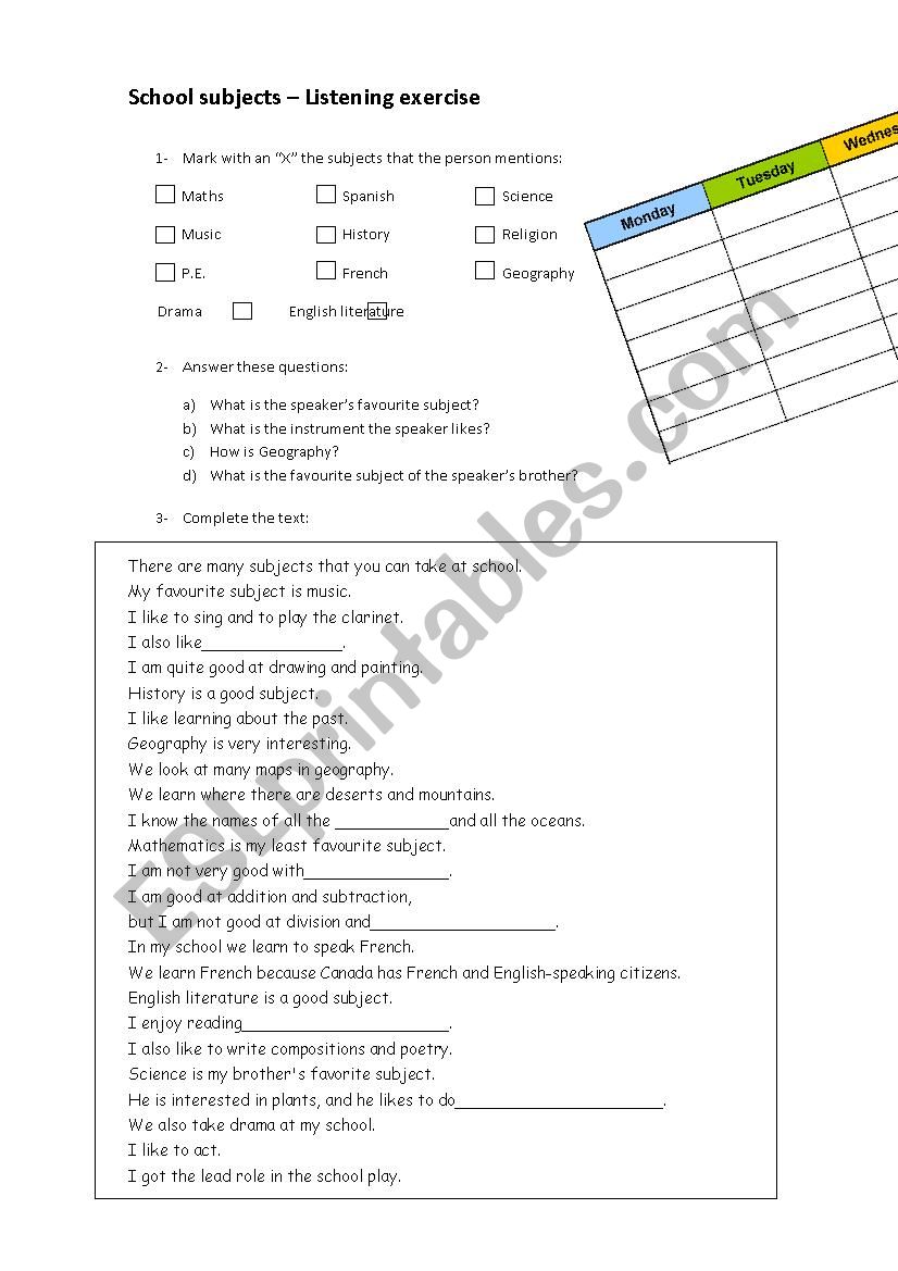 Listening exercises - School subjects