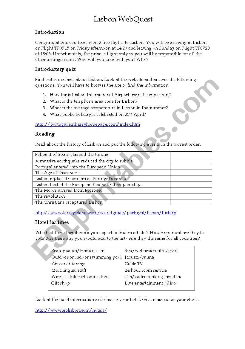 Lisbon WebQuest worksheet