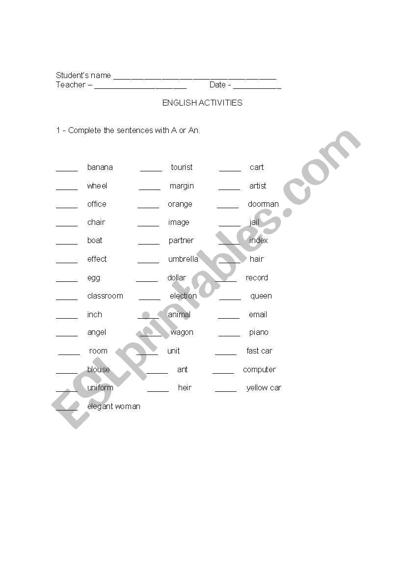 Indefinite articles worksheet