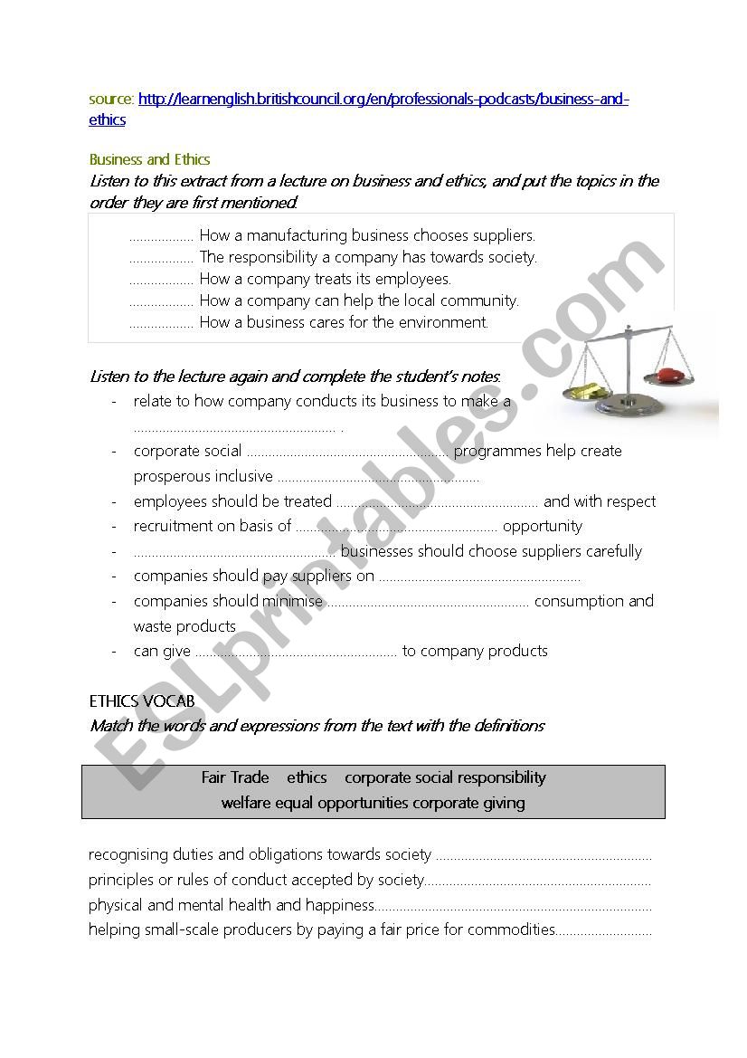 Business Ethics ESL Worksheet By ESL SK