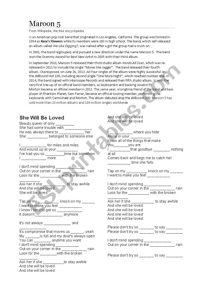 Maroon 5 worksheet