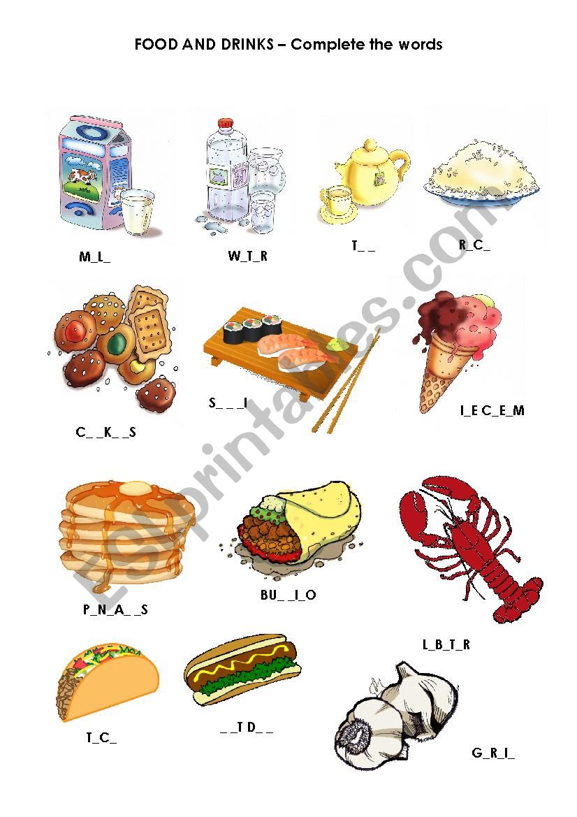 Food, drinks, vegetables - Missing letters - 2