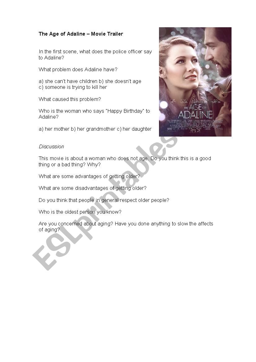 The Age of Adaline Trailer worksheet