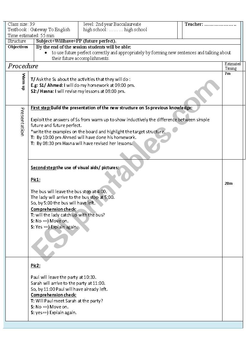 future perfect L P worksheet