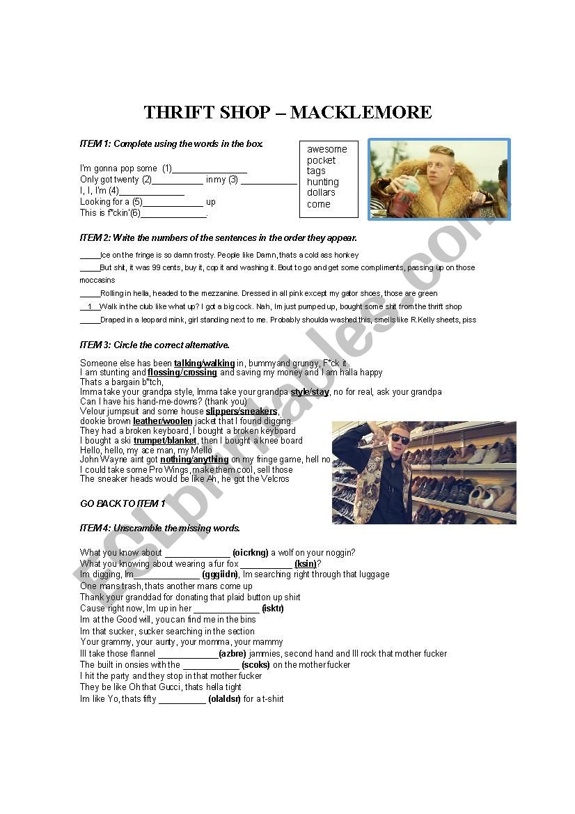 Thrift shop  - Macklemore  worksheet