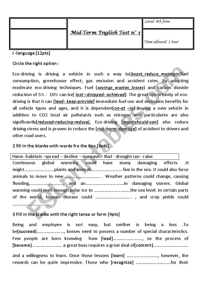 4th form mid - term test n° 3 - ESL worksheet by Moniachahd