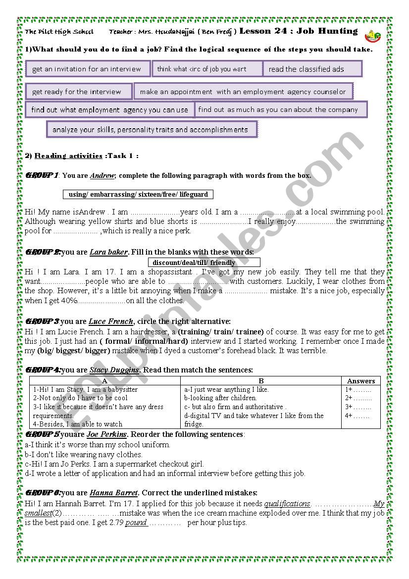 lesson 24 Job Hunting  worksheet