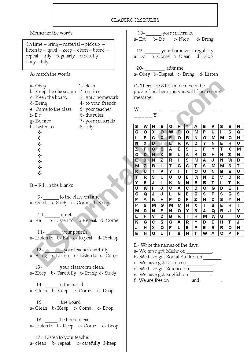 Classroom rules worksheet