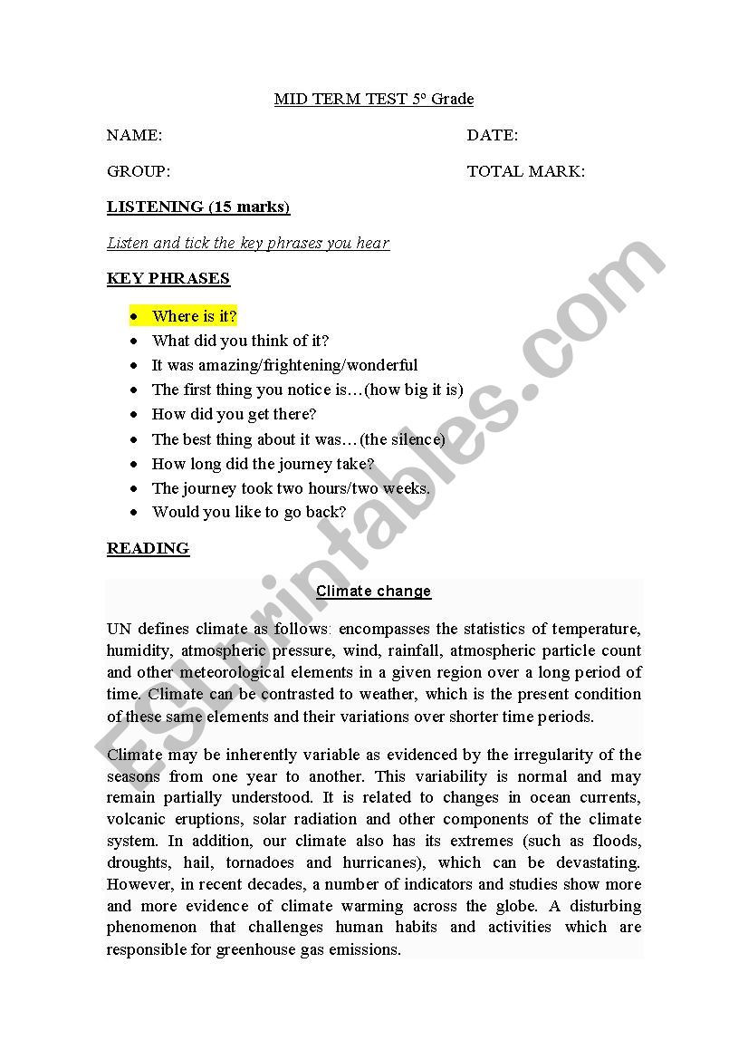 6th mid term test worksheet