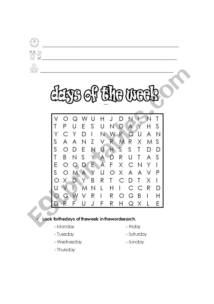 Days of the week word search worksheet