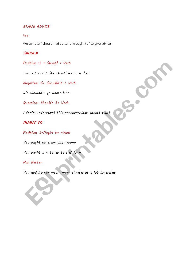 Giving Advice worksheet