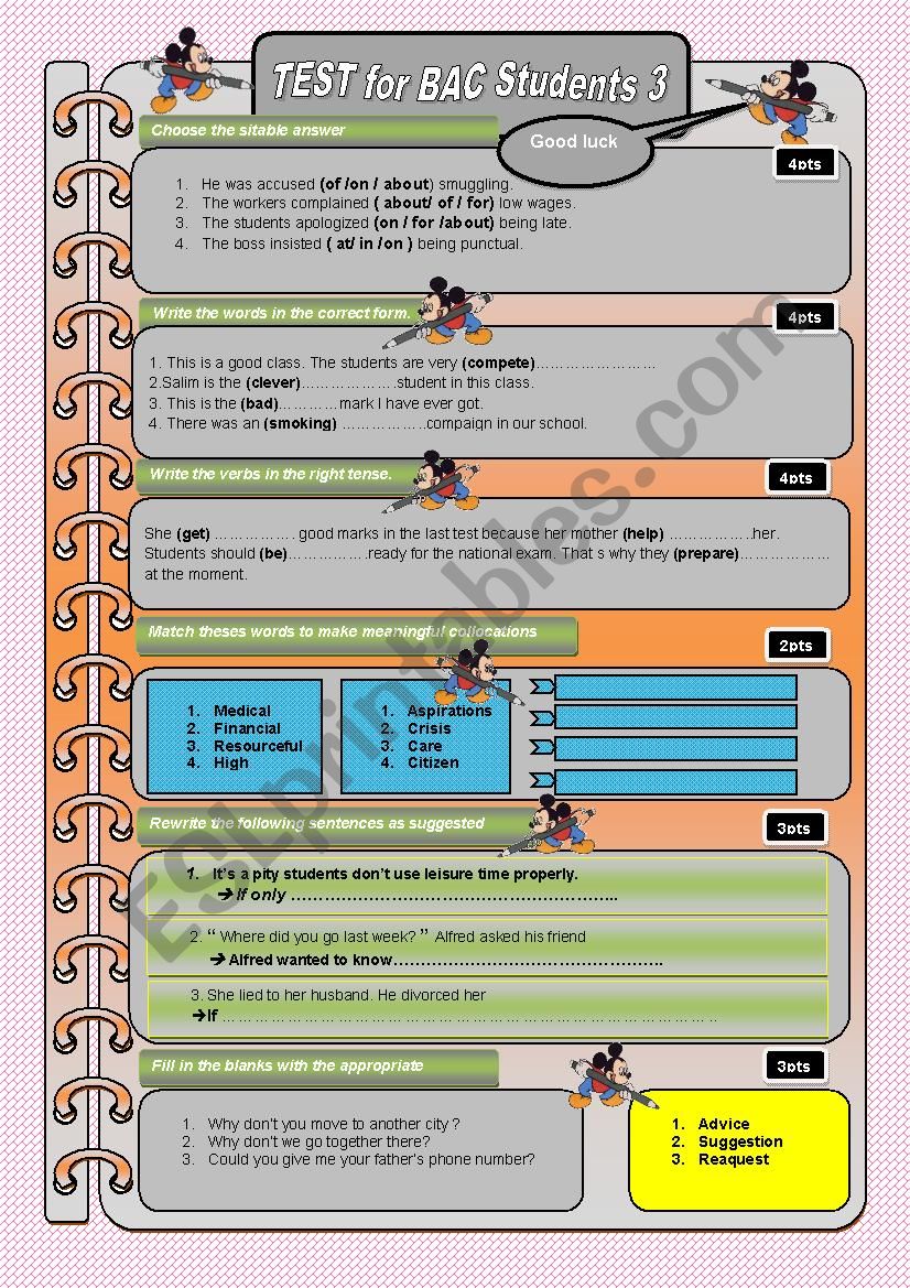 test for BAC students 3 worksheet