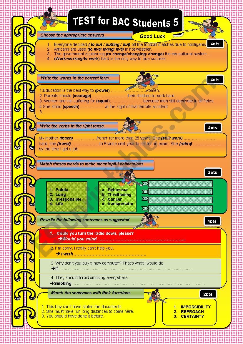 test for BAC students 5 worksheet