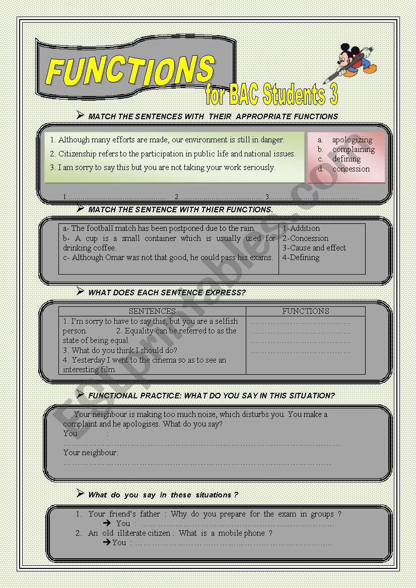 functions for BAC students 3 worksheet