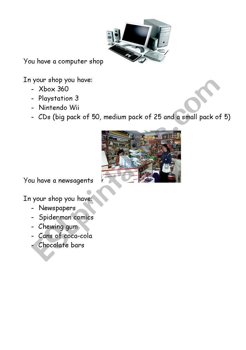 Shopping role play worksheet