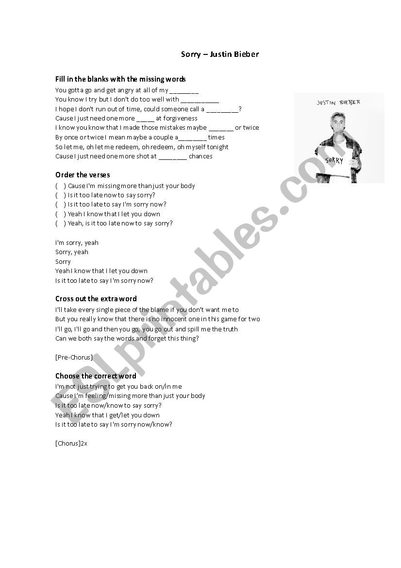 Sorry bu Justin Bieber worksheet