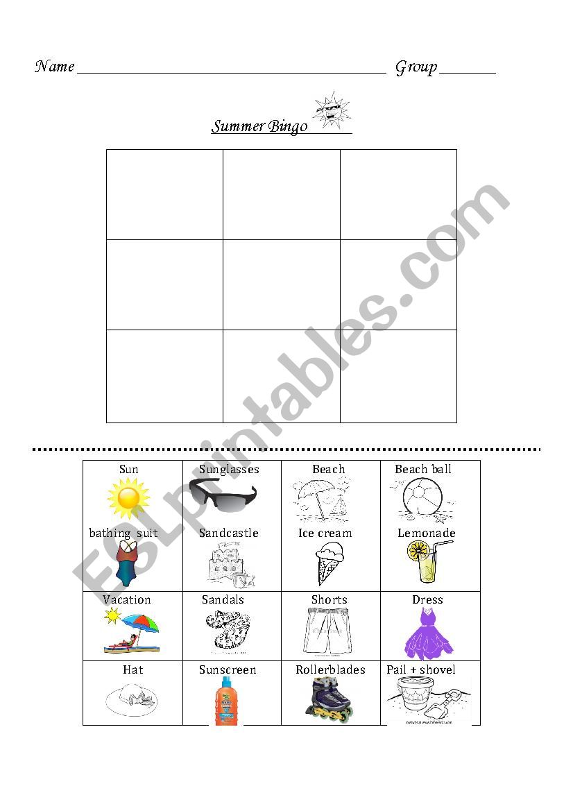 Summer Bingo for 1 cycle worksheet