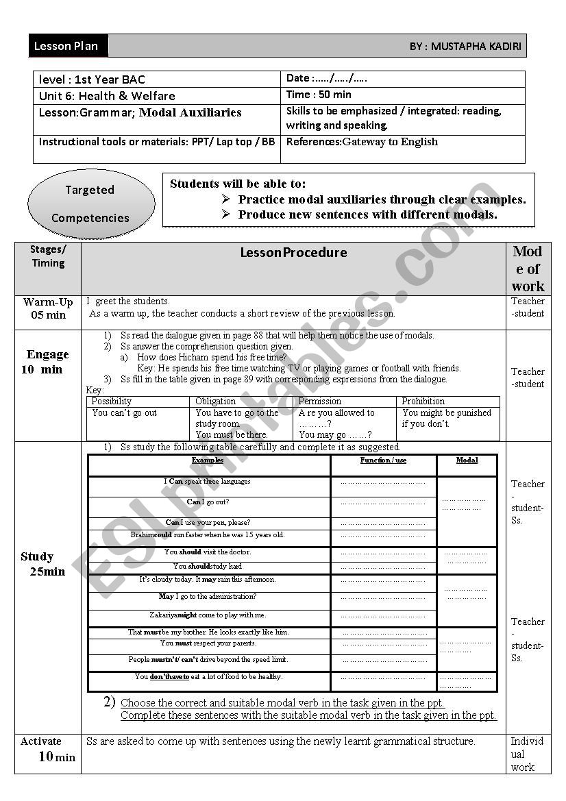 Modal Auxiliaries worksheet