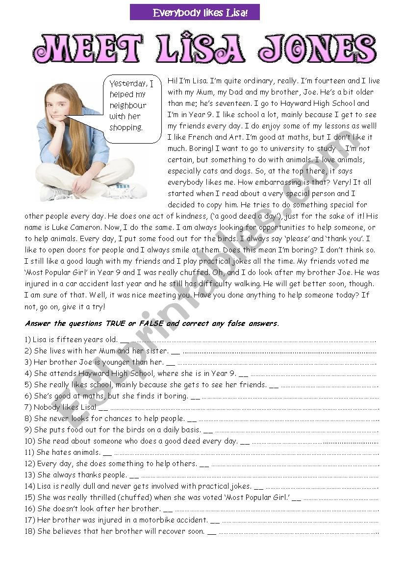 Meet Lisa Jones worksheet