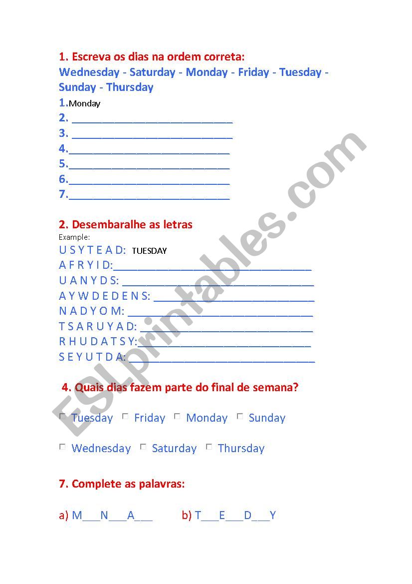 Days of the week worksheet worksheet