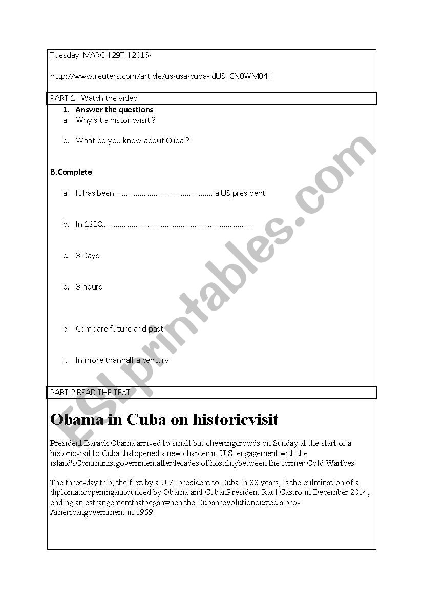 CUBA : OBAMAS VISIT worksheet