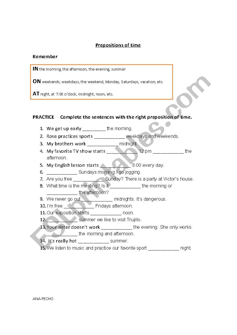 prepositions of time worksheet