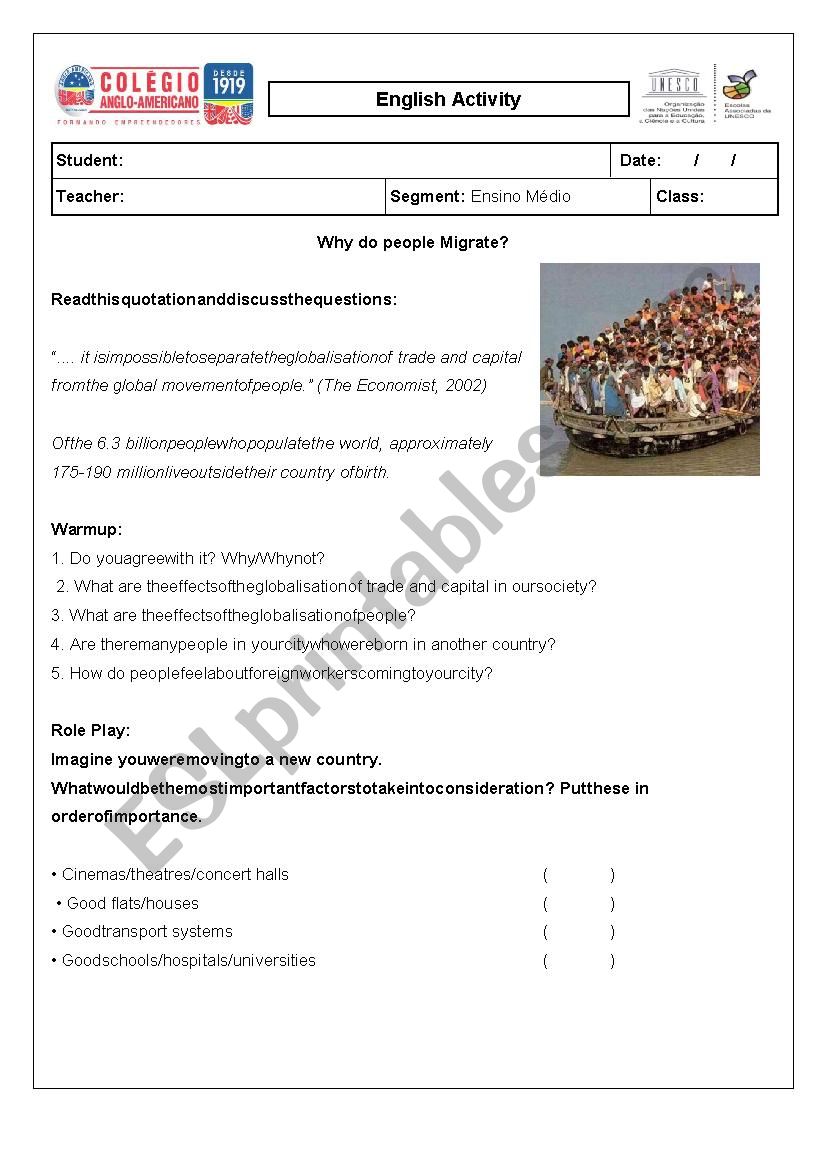 Why do people Migrate worksheet